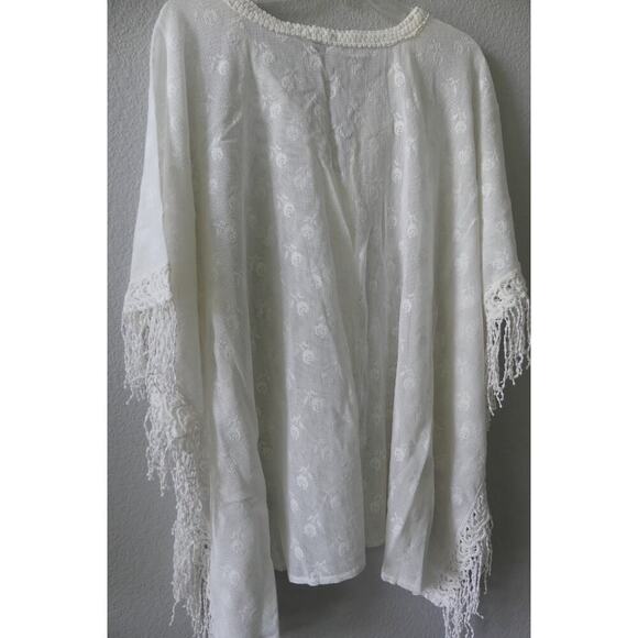 Max Edition Floral Lace Kaftan Shirt Women L/XL Batwing Sleeve Sheer Fringe Trim - Picture 10 of 13